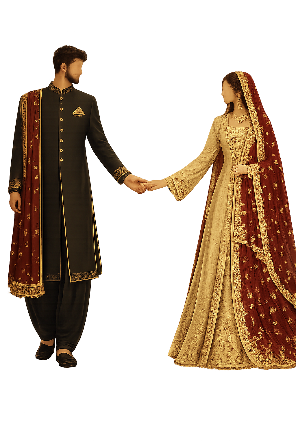 Illustration of a bride and groom holding hands